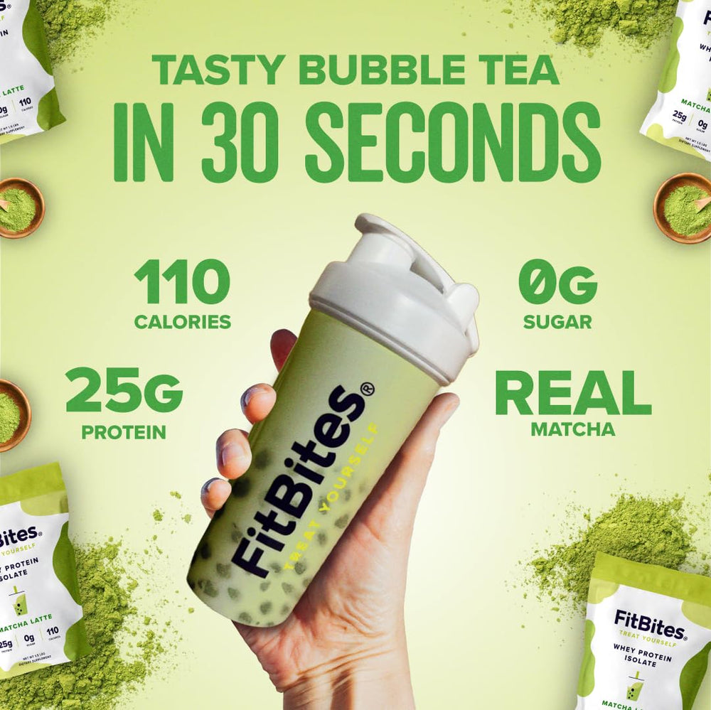 Close-up of FitBites Matcha Latte powder dissolving smoothly in milk.