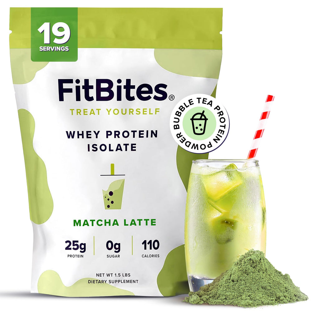 FitBites Matcha Latte protein powder tub for convenient high-protein mornings.