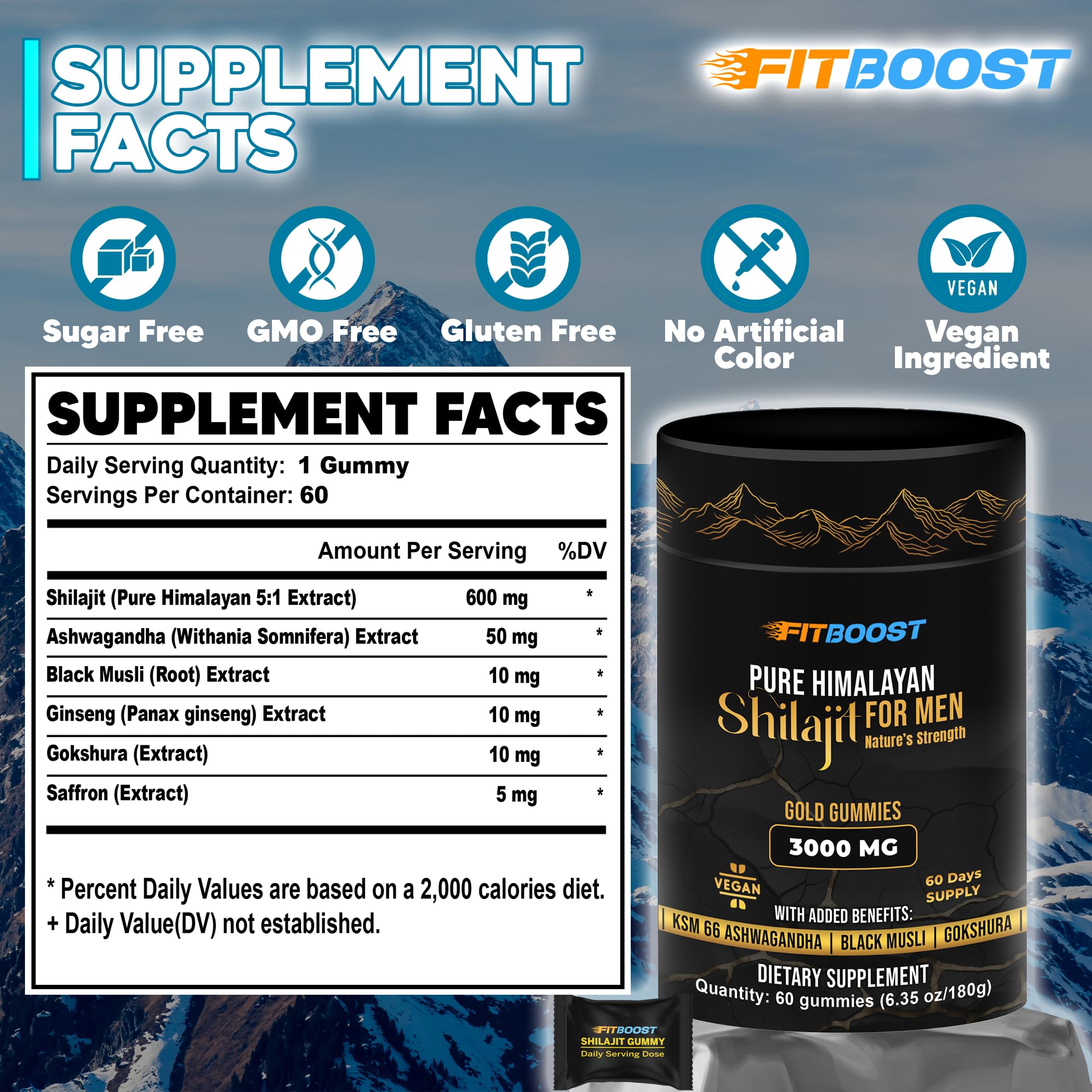 FITBOOST Shilajit Gummies botella: fácil almacenamiento y consumo diario