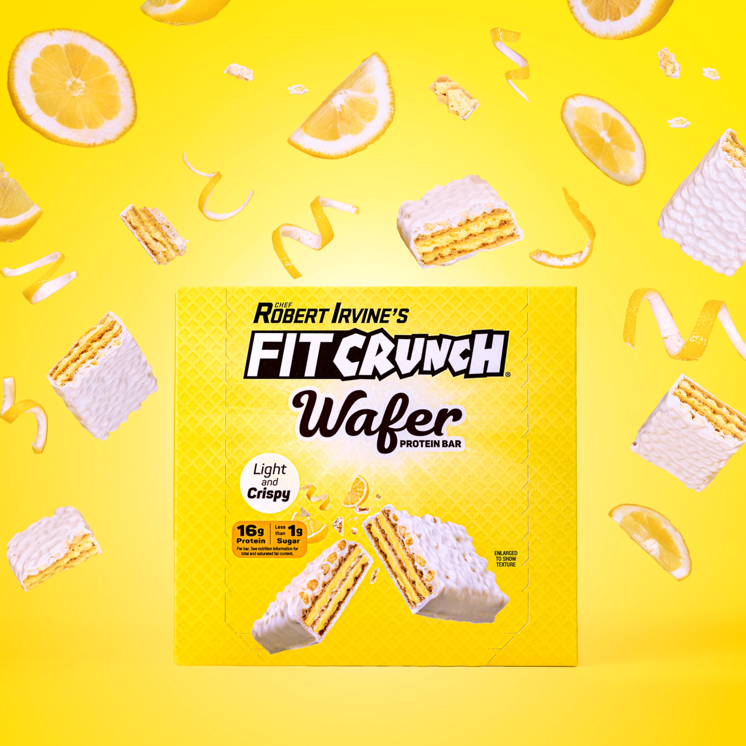 Fit Crunch Lemon Cream nine bars display for gym and travel convenience.