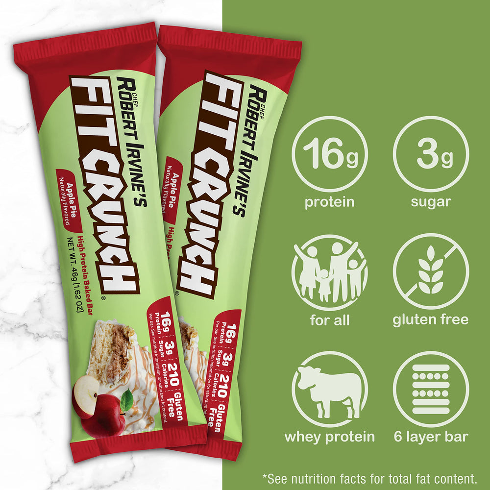 Packaging for Fit Crunch Apple Pie 6-Layer Bar enables convenient on-the-go snacking.