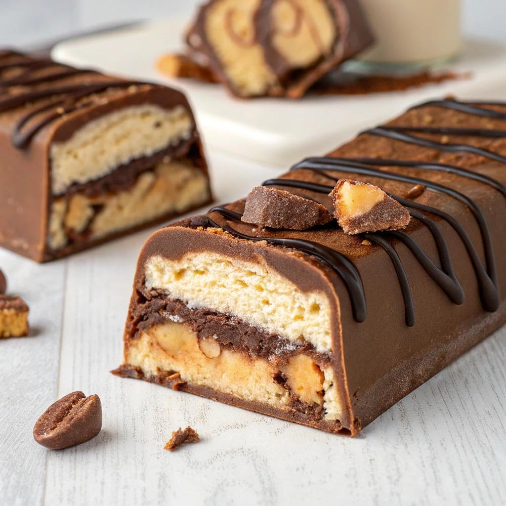FITCRUNCH Chocolate Peanut Butter bar nutrition label shows gluten-free ingredients and protein.