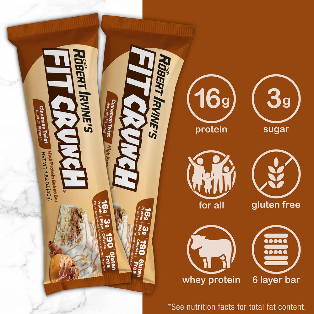 FitCrunch Cinnamon Twist packaging showcases a chef-created protein bar for on-the-go.