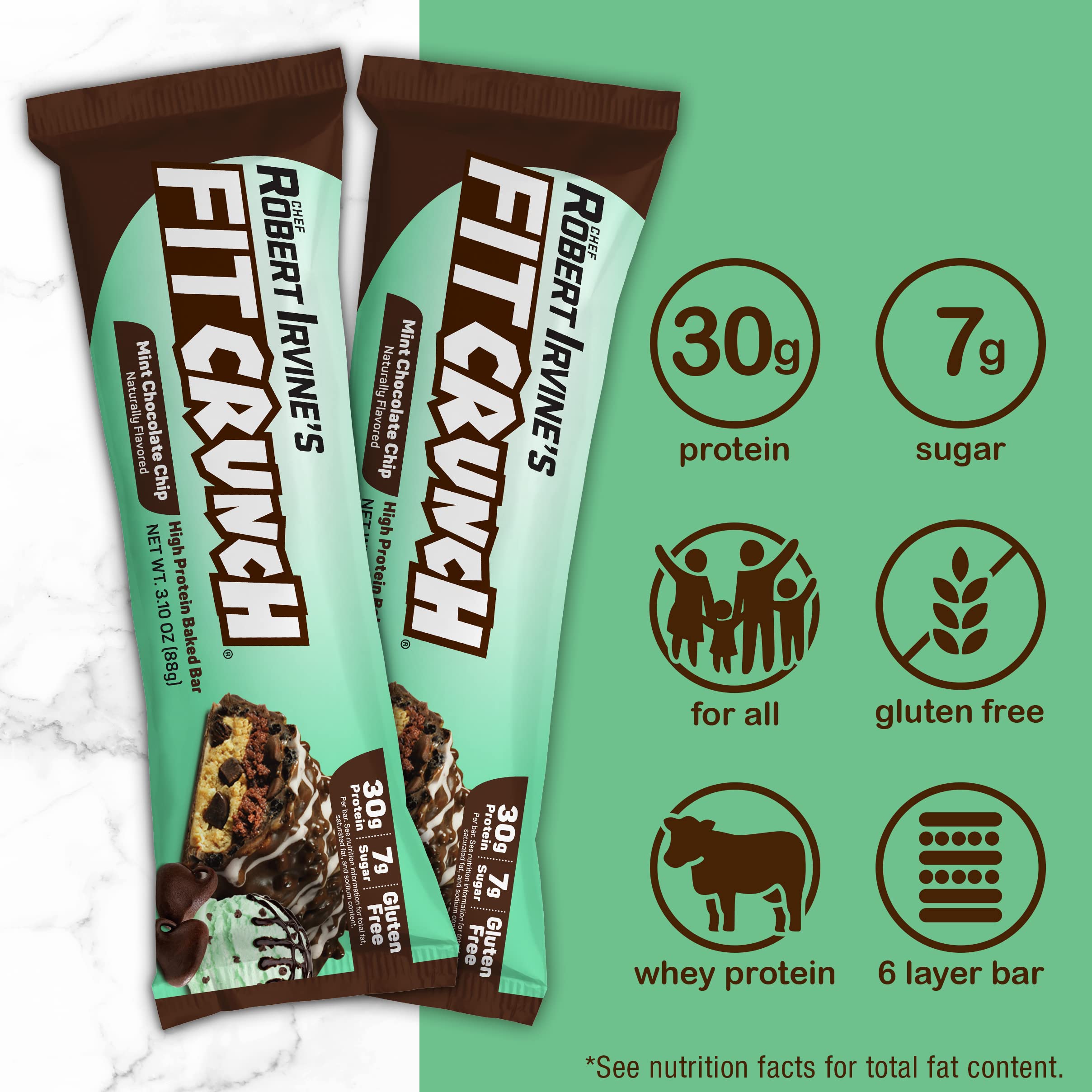 FITCRUNCH close-up layered texture emphasizes high-protein, low-sugar appeal.