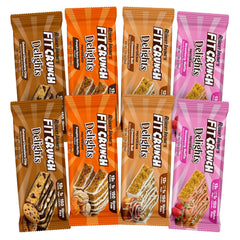 Fit Crunch Delights variety 8ct on table shows protein rich snack option
