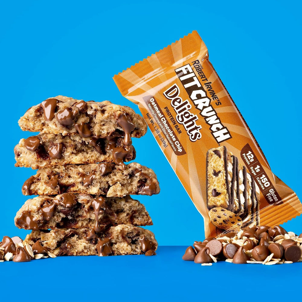 Fit Crunch Delights variety pack display suggests convenient protein forward snacking