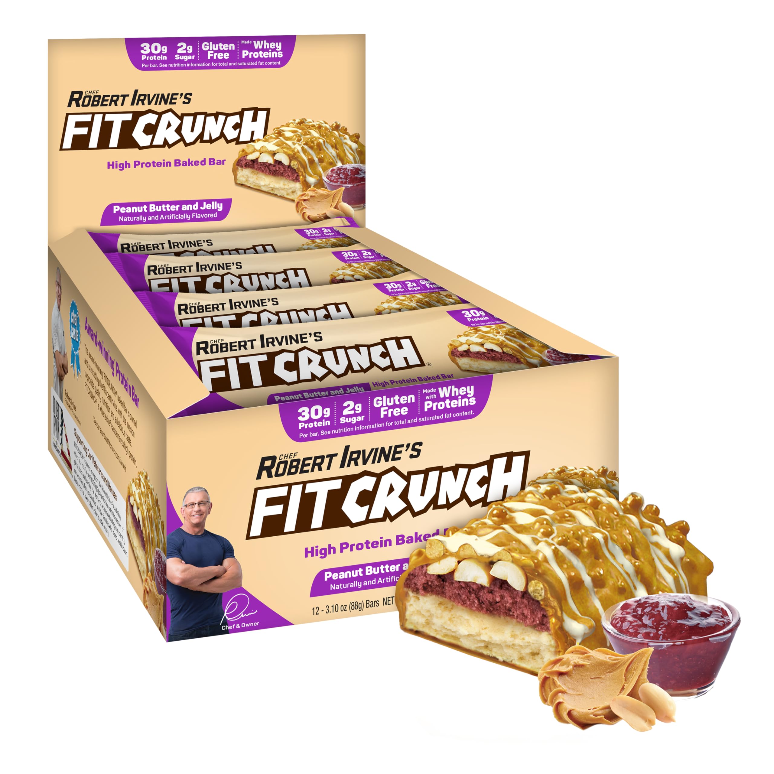 Fit Crunch full-size bar shows a six-layer baked core in peanut butter and jelly for post-workout fuel.