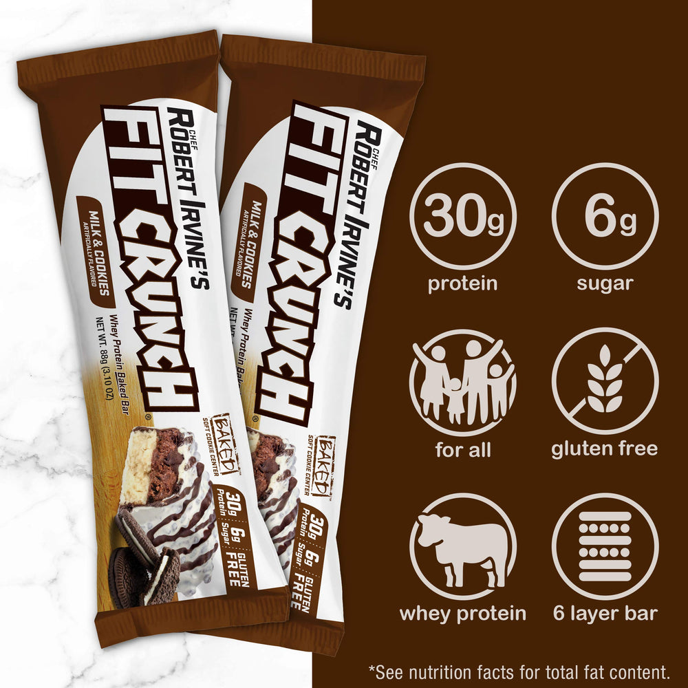Fit Crunch Milk and Cookies bar unwrapped, showcasing a soft cake core.