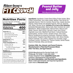 Fit Crunch six-layer bar cross-section highlights layers of peanut butter and jelly for protein snack.