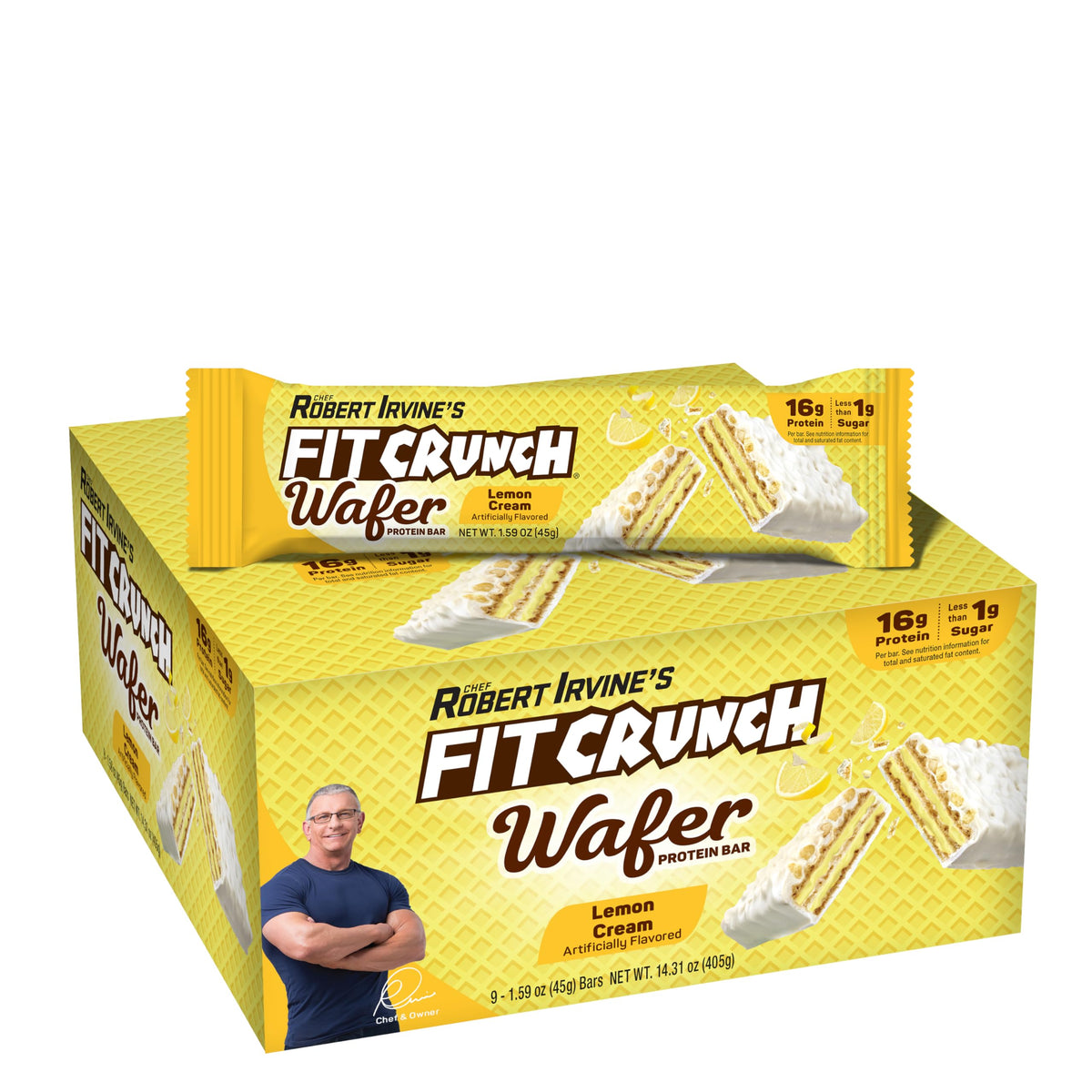 Fit Crunch Lemon Cream wafer bars pack showing vibrant layers for on-the-go protein.