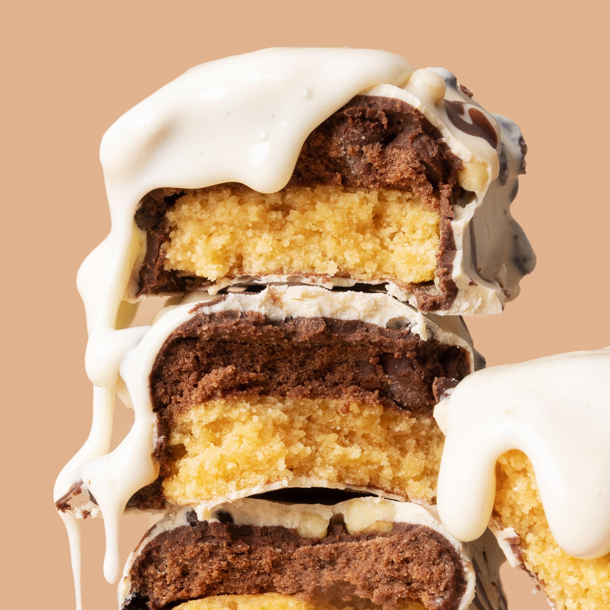 Fit Crunch six-layer baked bar stacked, highlighting layered texture.