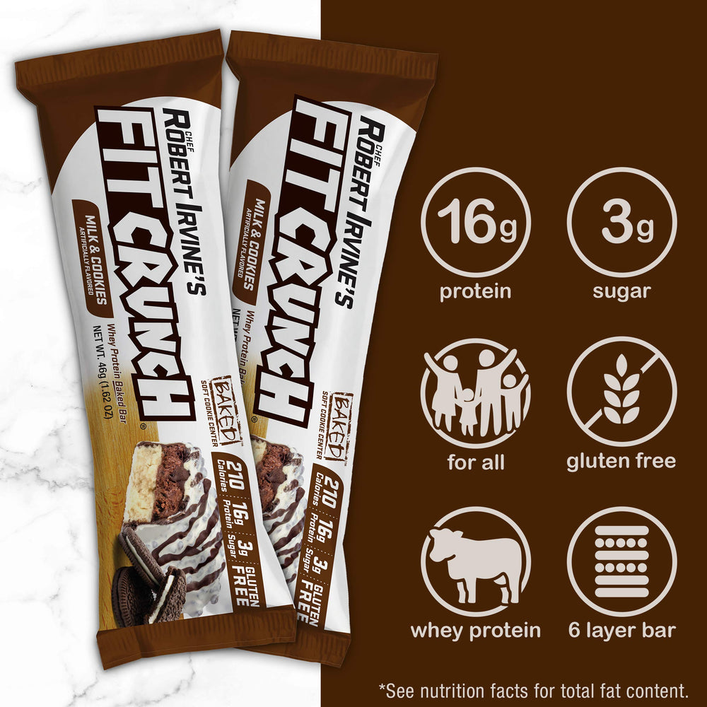 Packaging for FITCRUNCH Milk and Cookies on a kitchen counter.
