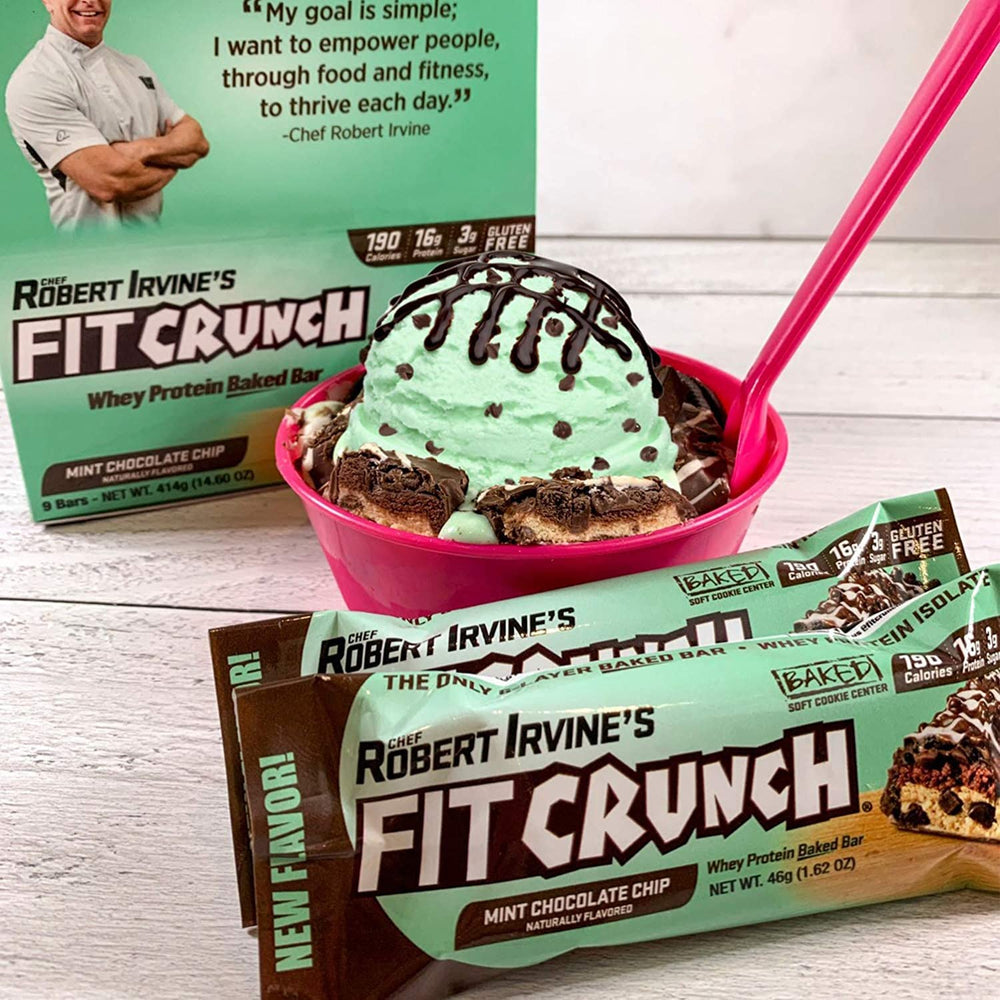 Fit Crunch mint-chocolate-chip bar crumble reveals textured coating and minty notes.