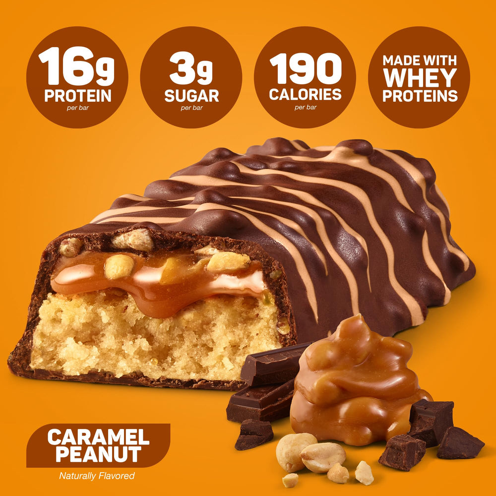 FitCrunch nine-bars caramel-peanut packaging, convenient snack at home