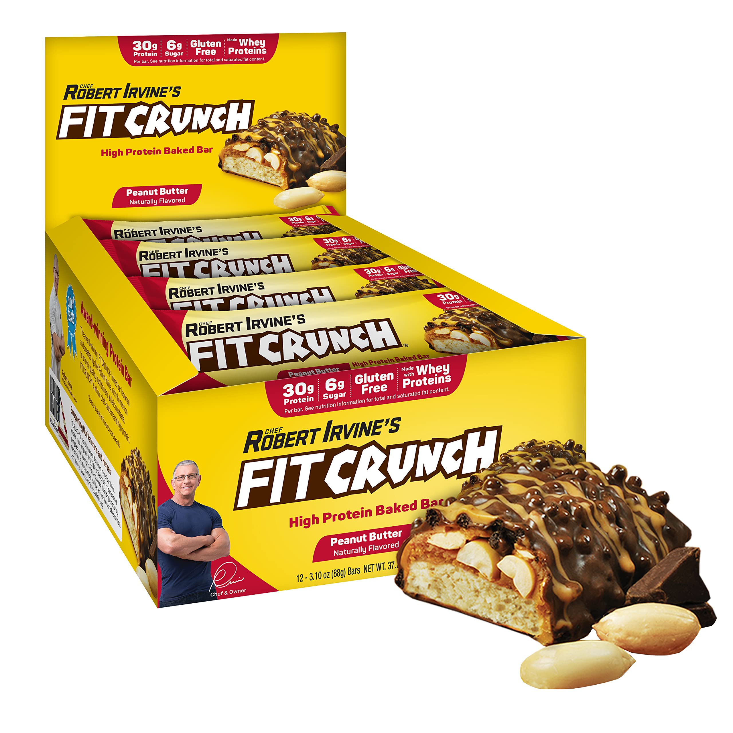 FITCRUNCH peanut butter 6-layer baked bar close-up highlighting protein boost