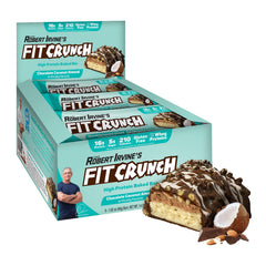 FitCruncH snack size bar chocolate coconut almond close-up showing 16g protein per serving.