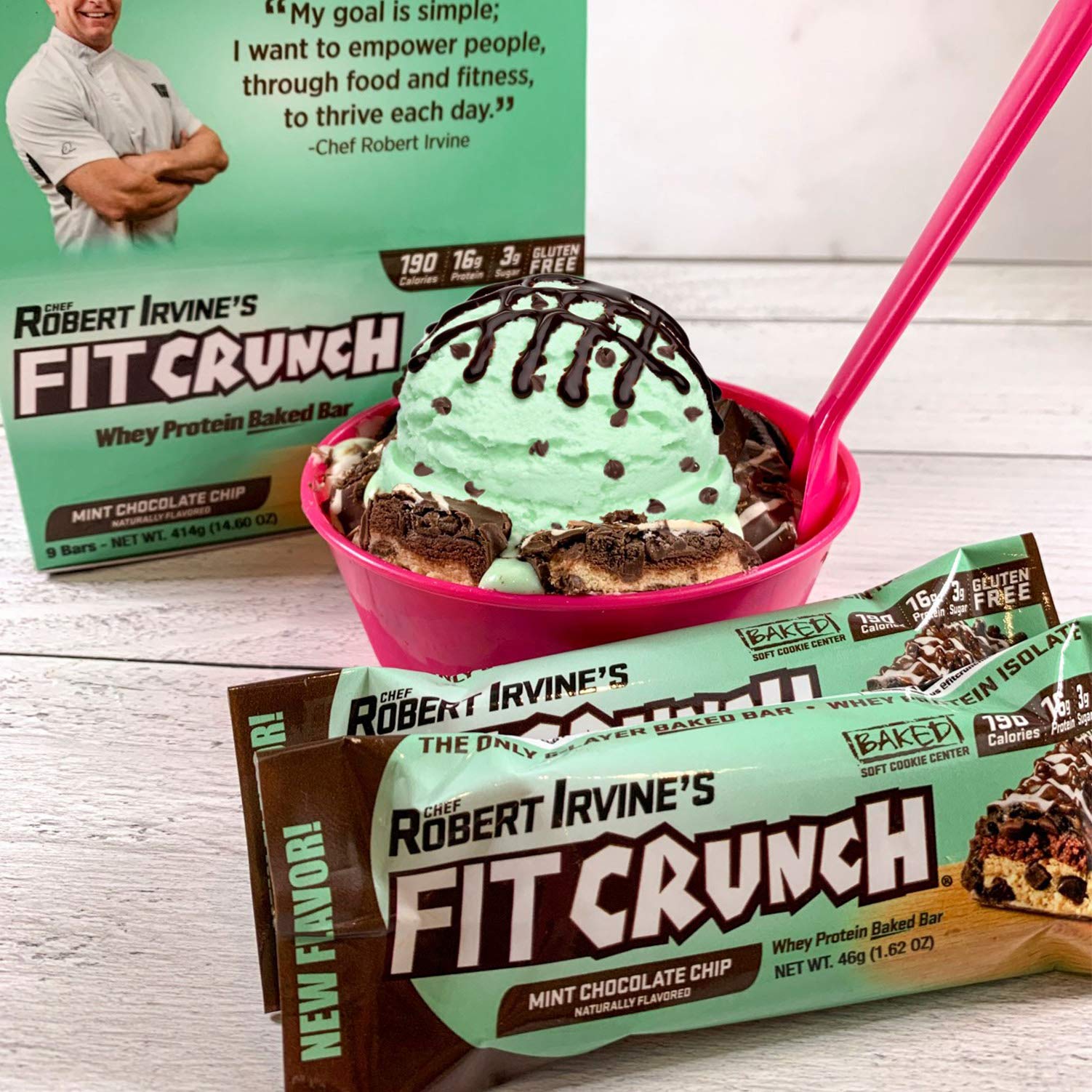 FitCrunch Mint Chocolate Chip bar beside coffee cup illustrating easy, convenient fueling.