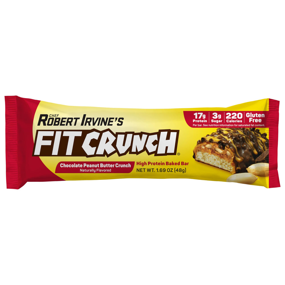 FITCRUNCH Snack Size Bar nutrition label close-up shows protein and sugar details.