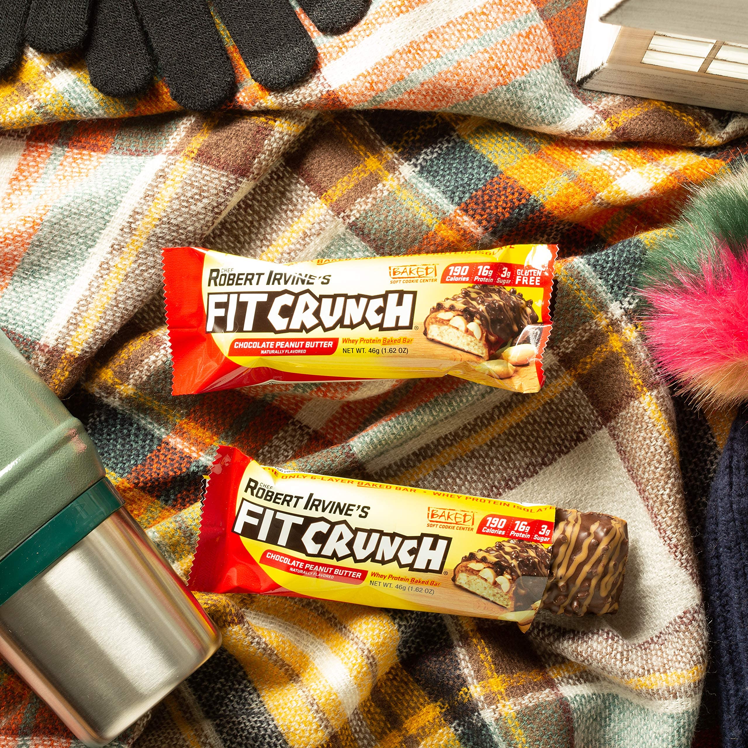 FITCRUNCH Snack Size Bar nutrition panel highlights 16g protein per bar.
