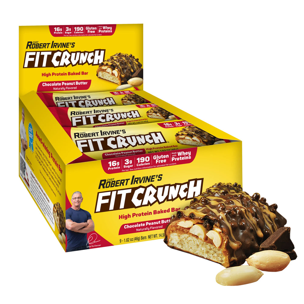 FITCRUNCH Snack Size Bar packaging highlights gluten-free, high-protein nutrition for on-the-go snacking.