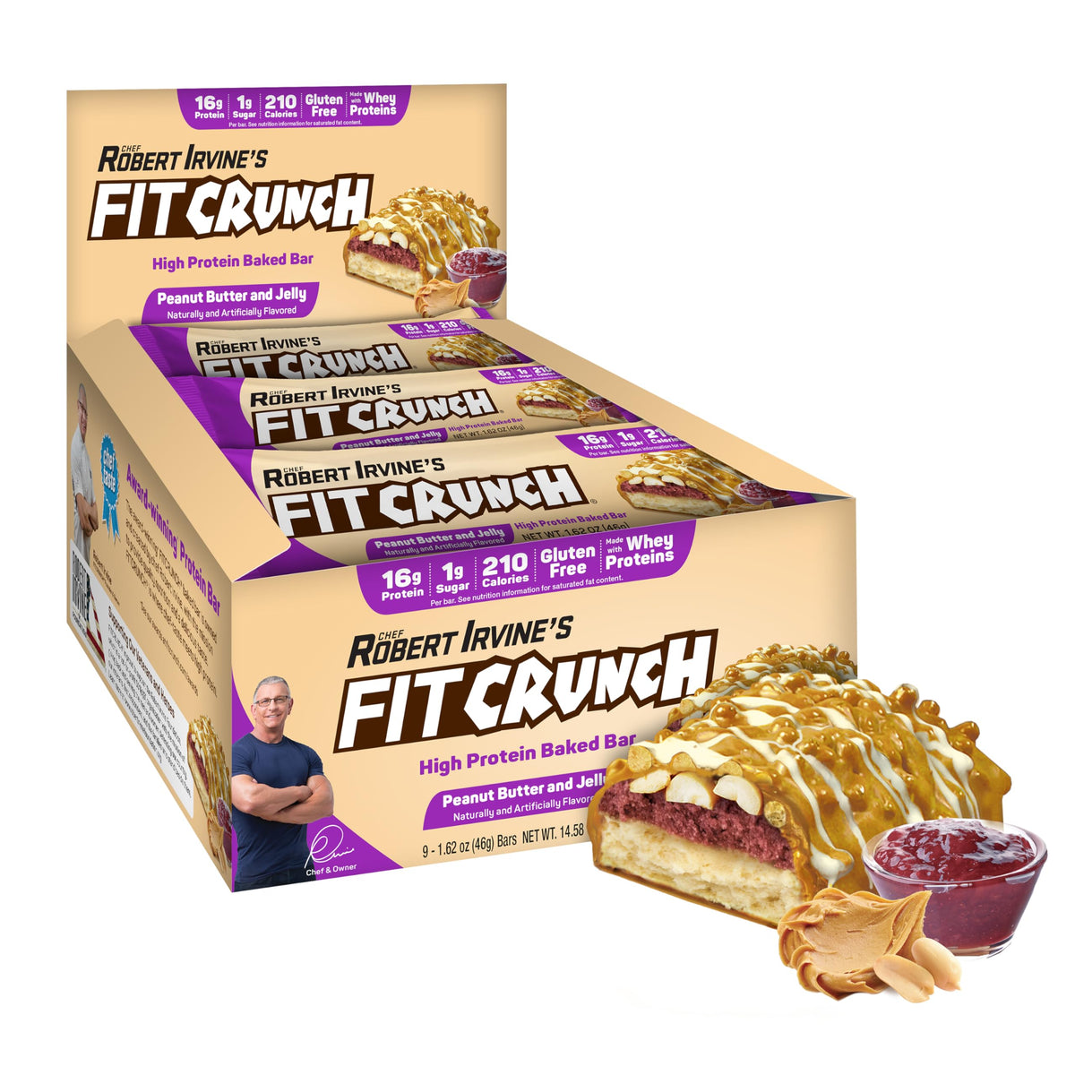 Fit Crunch snack-size bar peanut butter and jelly pack highlighting protein snack on the go