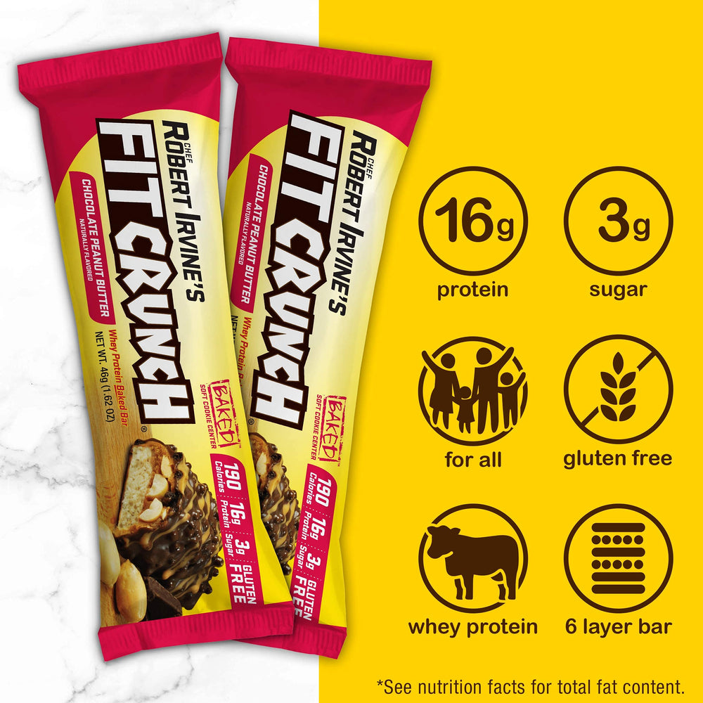 FITCRUNCH Chocolate Peanut Butter bar bite texture conveys a soft cake core.