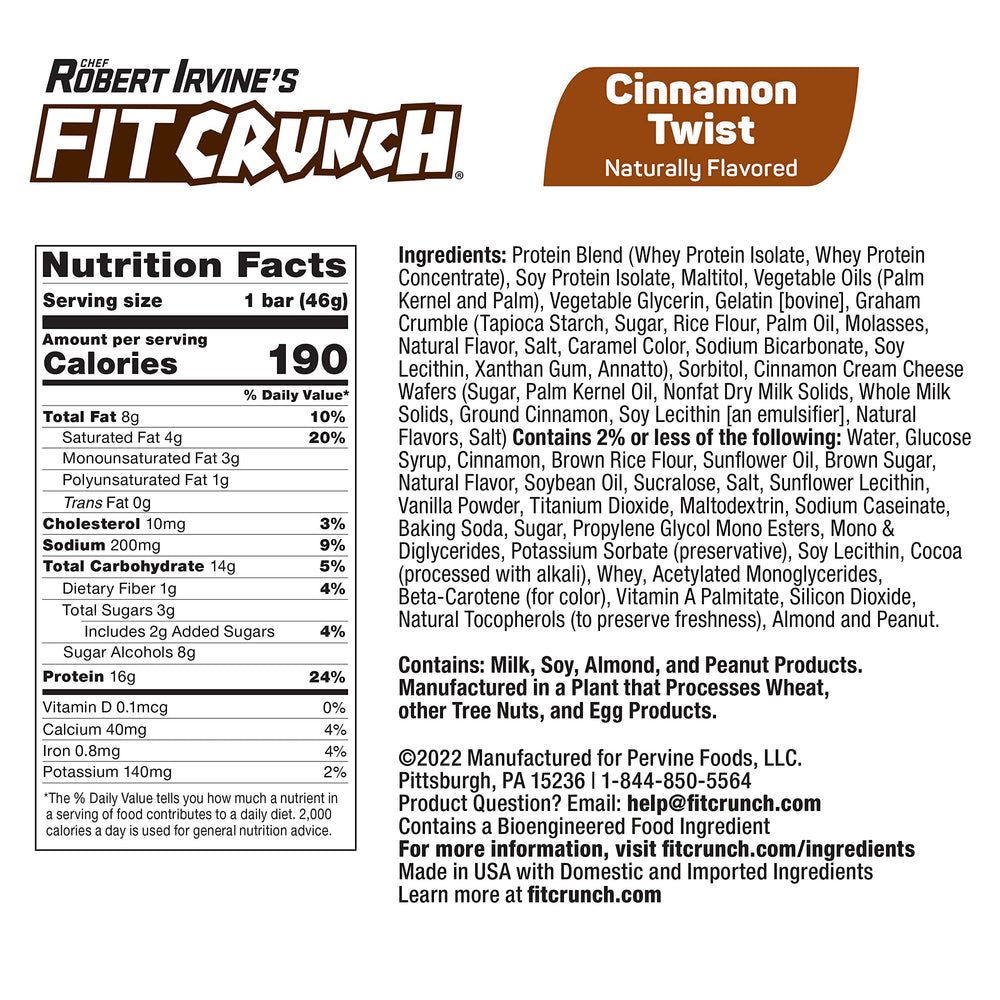 FitCrunch Cinnamon Twist cross-section reveals six layers and protein crisps.