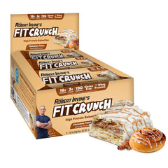 FitCrunch Cinnamon Twist snack bar front view highlighting 16g protein and gluten-free option.