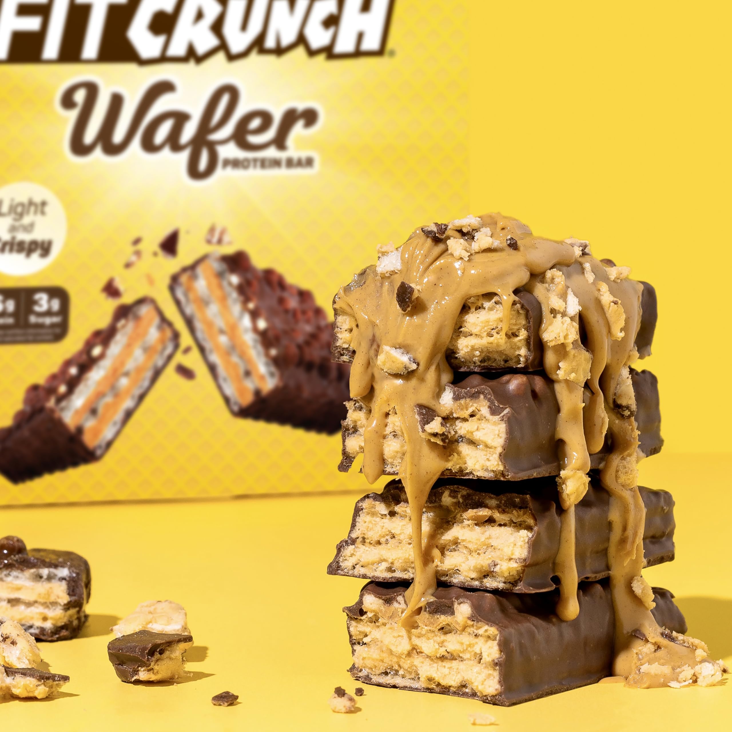 Fit Crunch wafer bar hero shot emphasizes rich chocolate peanut butter flavor.