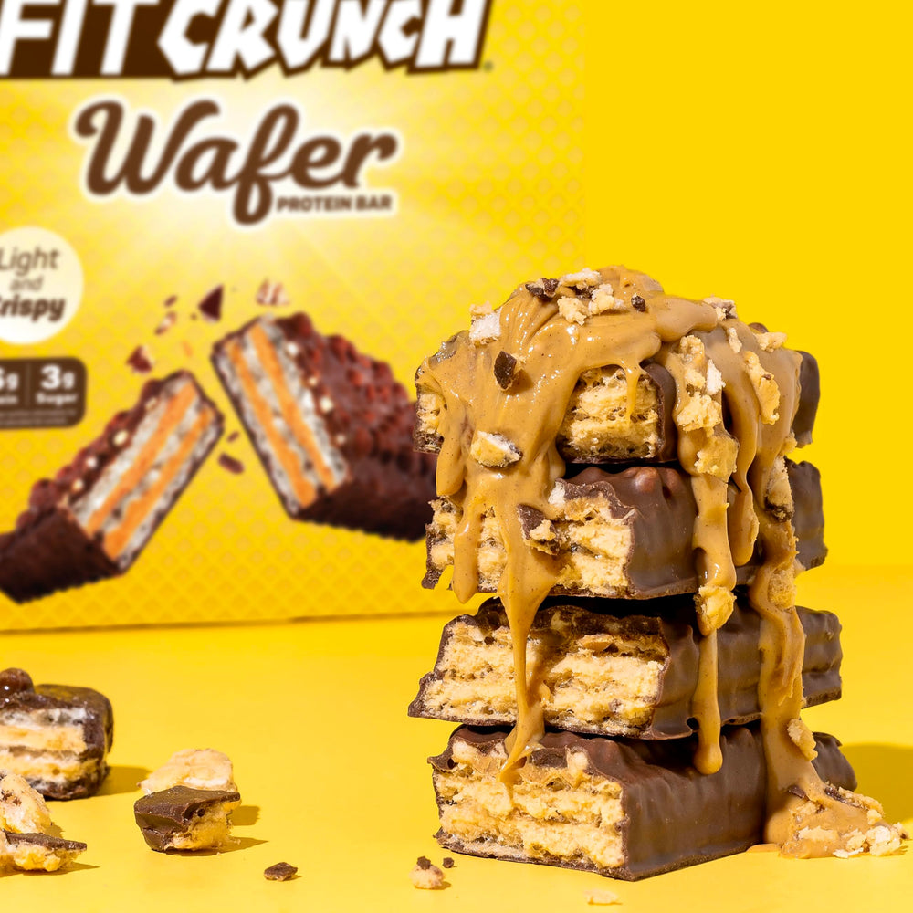 Fit Crunch wafer bar hero shot emphasizes rich chocolate peanut butter flavor.