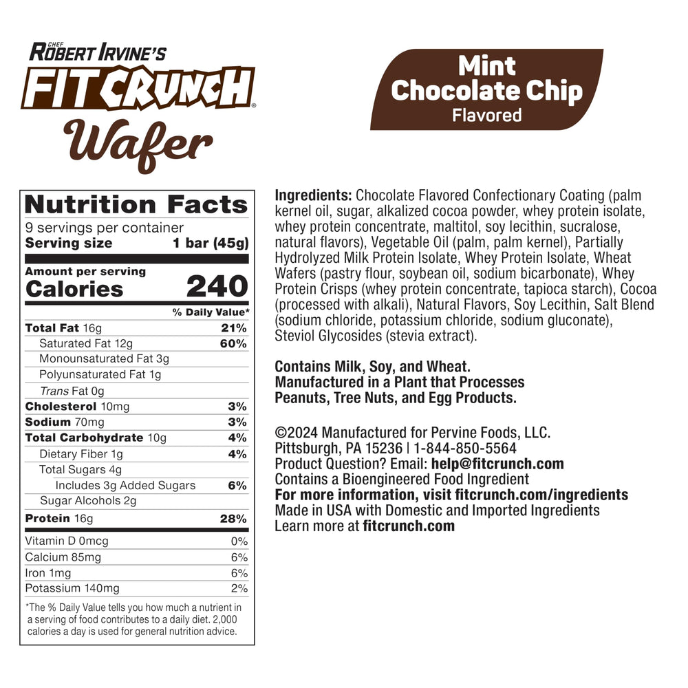 FITCRUNCH Mint Chocolate Chip wafer bars close-up highlighting crisp wafer texture and rich flavor