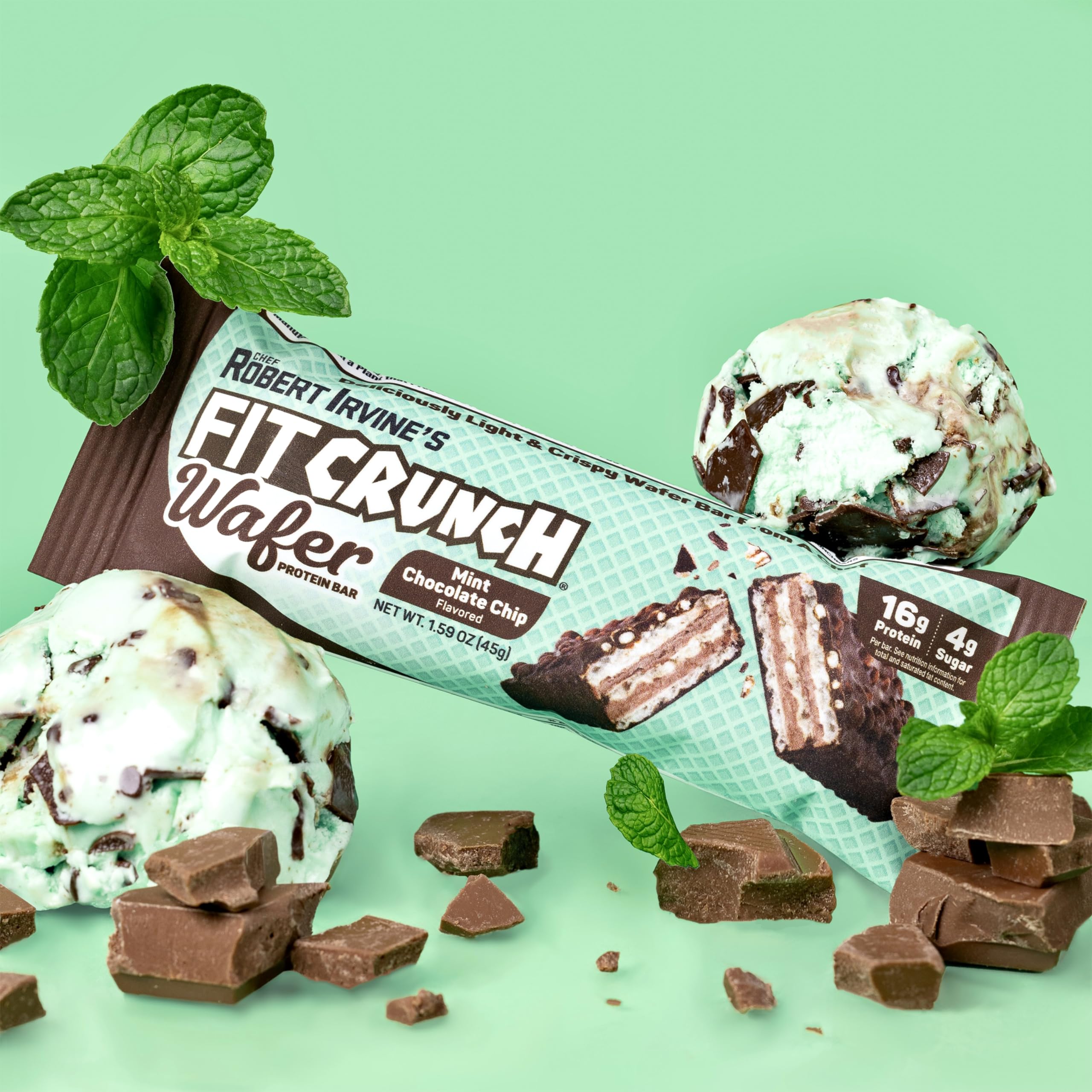 FITCRUNCH Mint Chocolate Chip wafer bars foil wrappers display convenient packaging