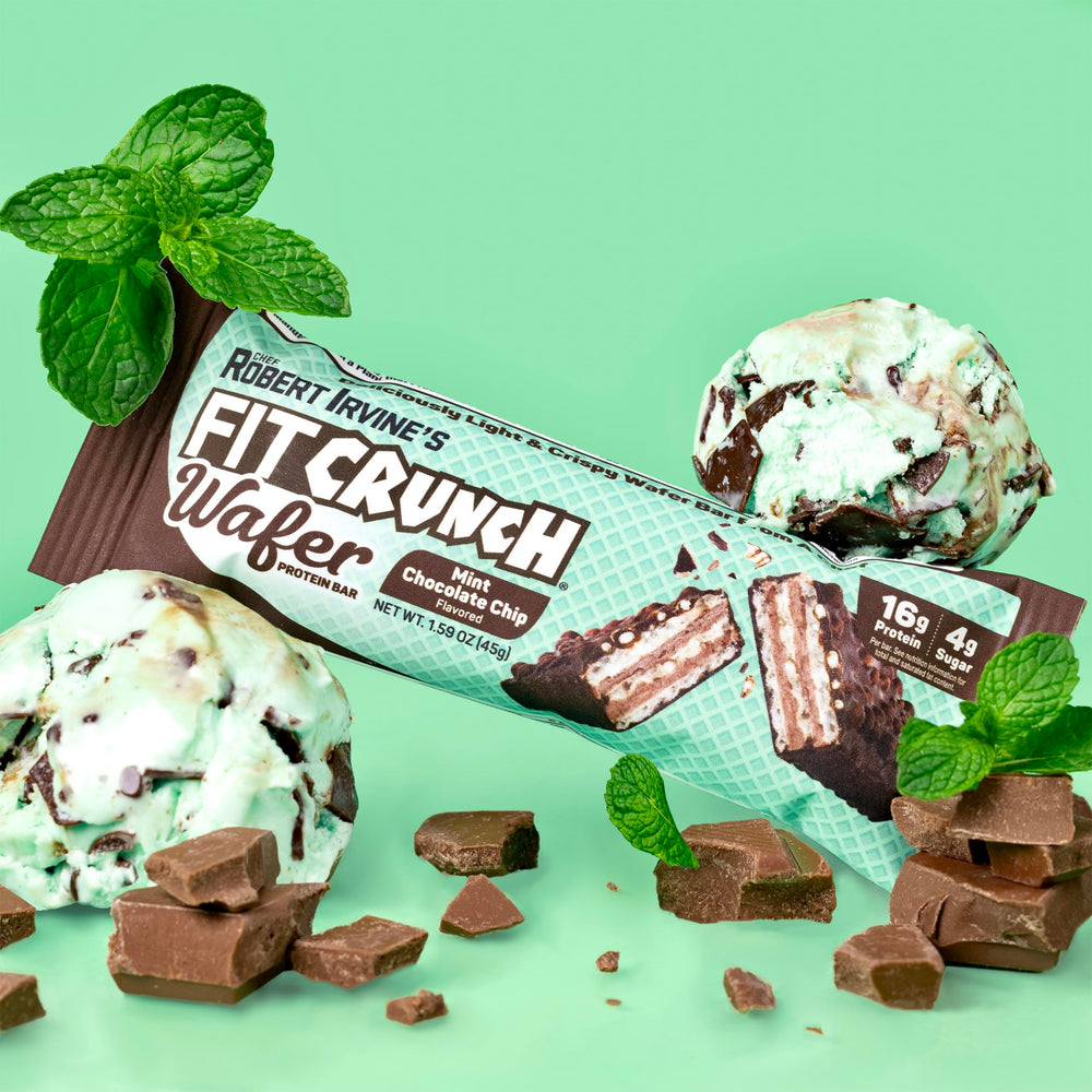 FITCRUNCH Mint Chocolate Chip wafer bars foil wrappers display convenient packaging