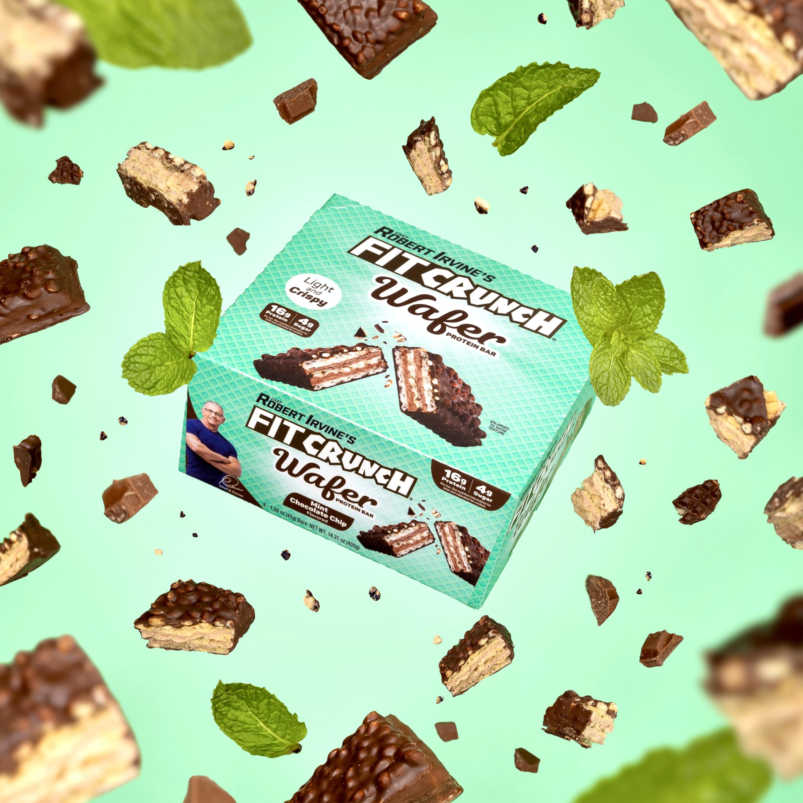 FITCRUNCH Mint Chocolate Chip wafer bars nutrition label highlights 16g protein per bar