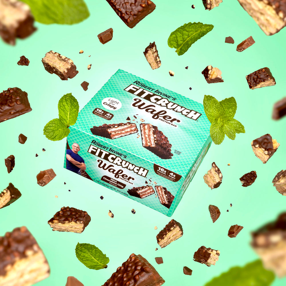 FITCRUNCH Mint Chocolate Chip wafer bars nutrition label highlights 16g protein per bar