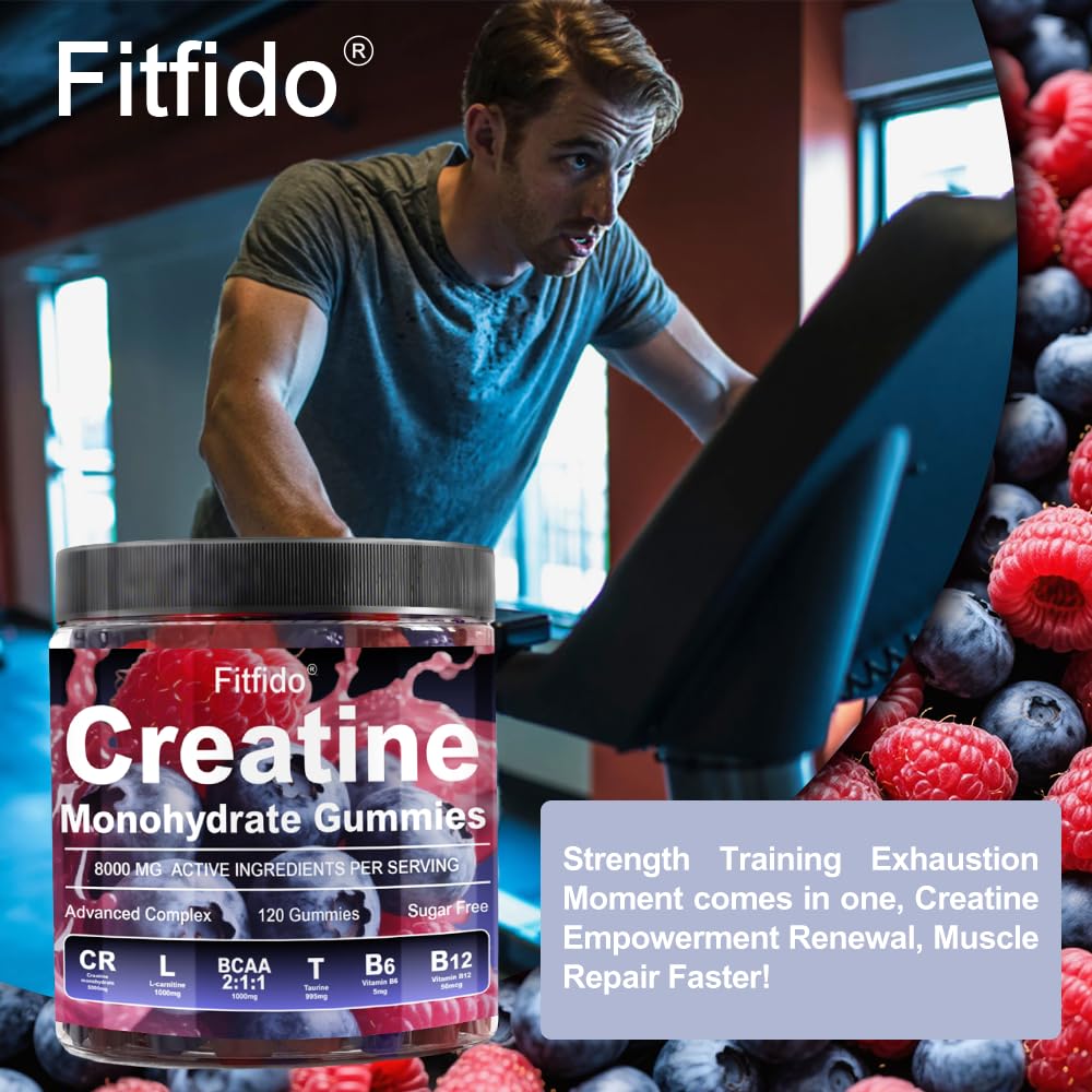 Fitfido Creatine Monohydrate Gummies ingredients label detail highlights vegan, gluten-free