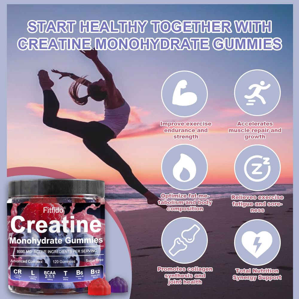 Fitfido Creatine Monohydrate Gummies ingredients label highlights vegan, gluten-free formula