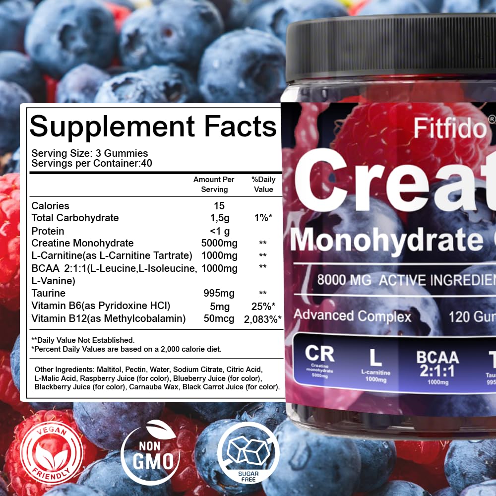 Fitfido Creatine Monohydrate Gummies packaging displays 120 count for 40 days