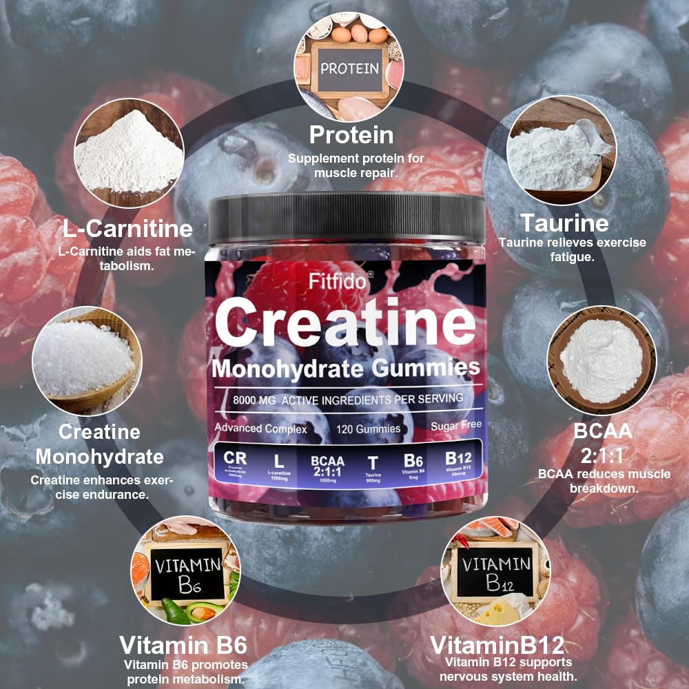 Fitfido Creatine Monohydrate Gummies closeup emphasizes chewy texture and taste