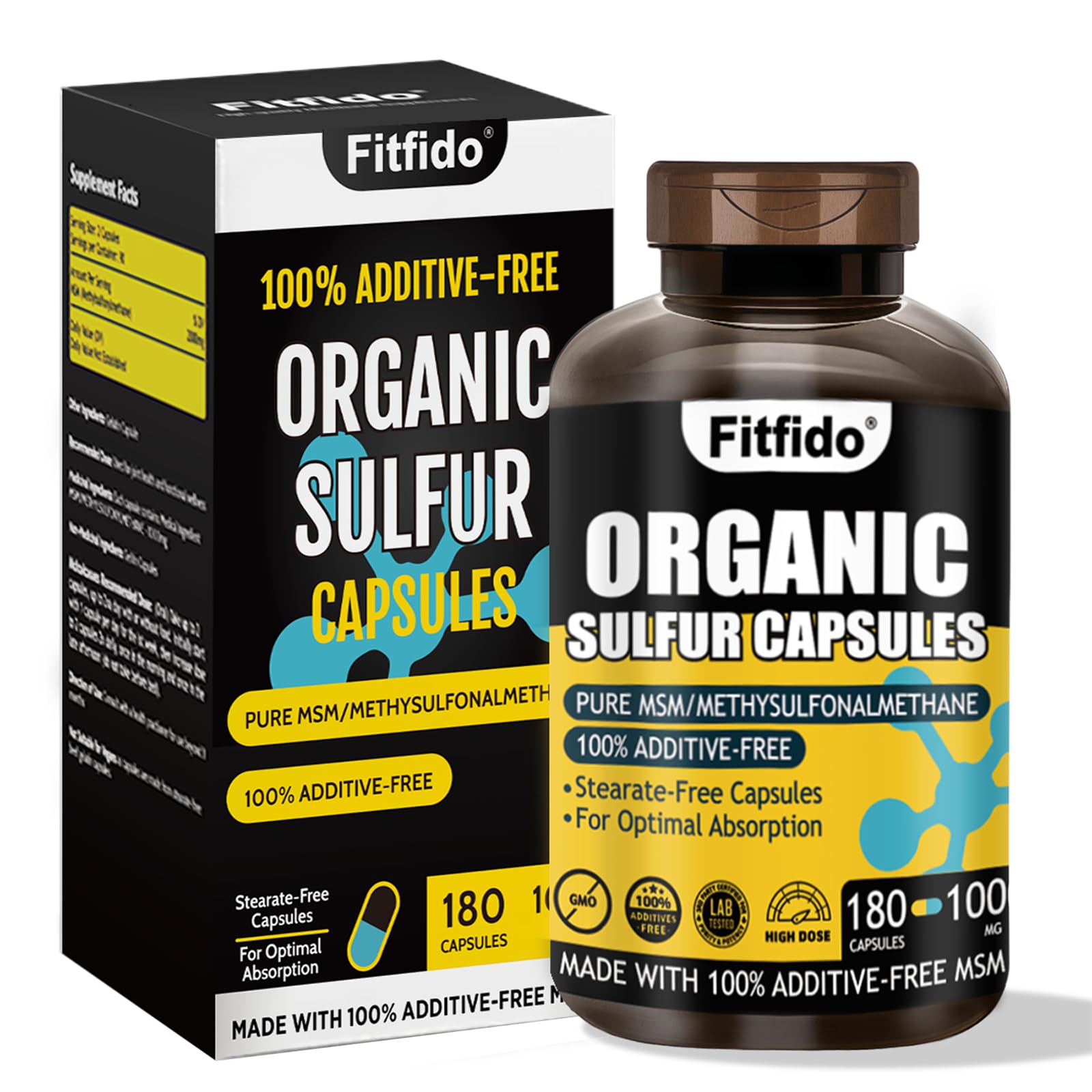 Fitfido MSM capsules bottle showing 1000 mg per capsule for joint support.