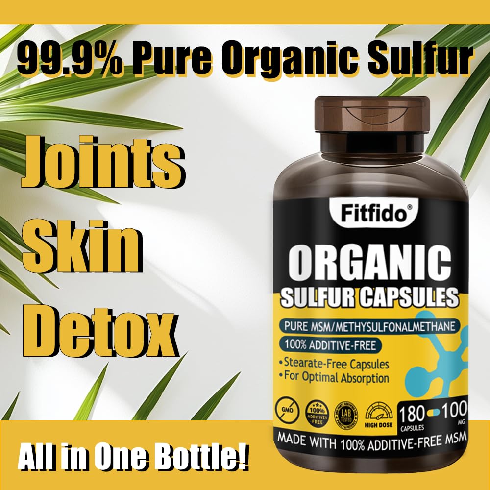 Front view of Fitfido MSM capsules bottle emphasizing non-GMO and additive-free benefits.