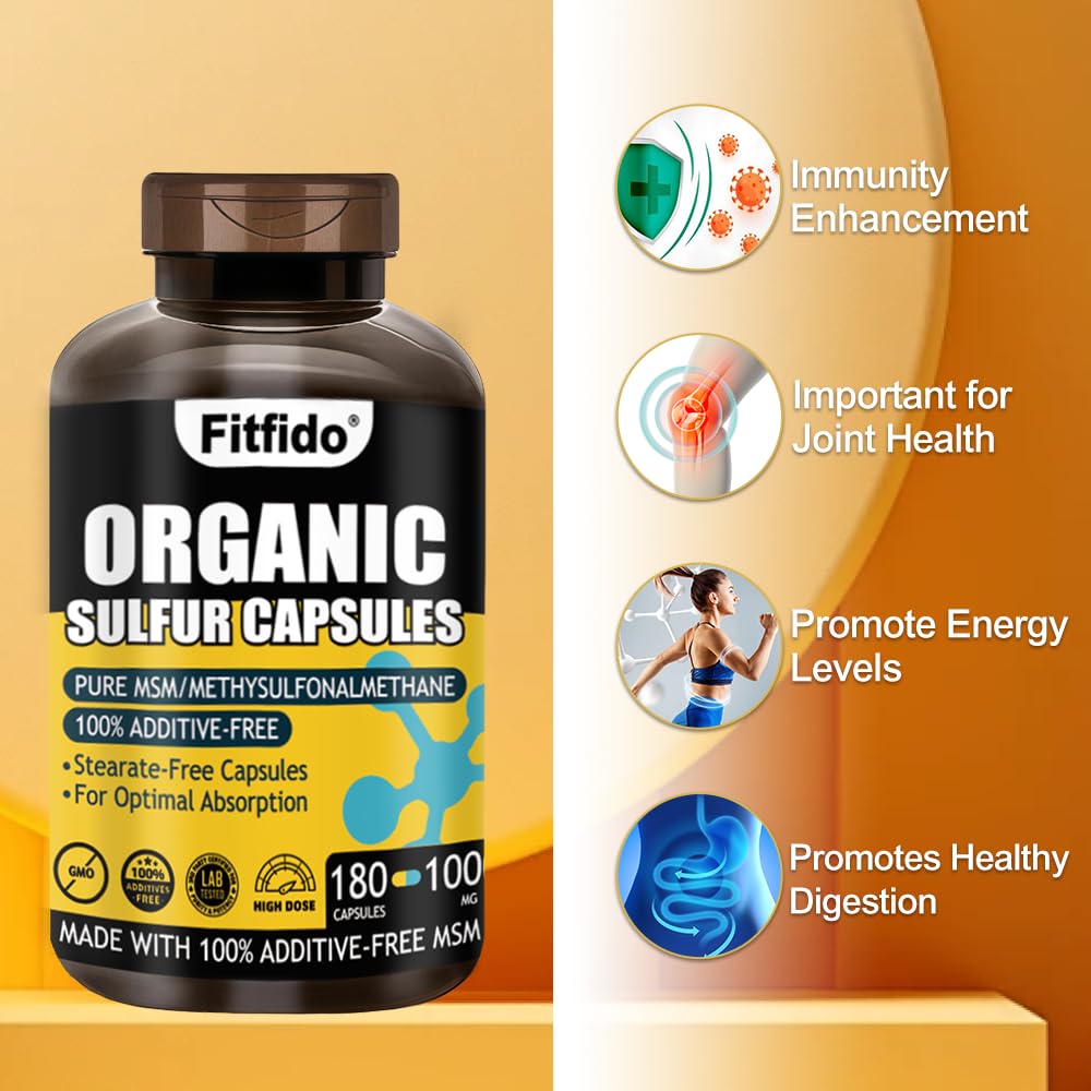 Close-up of Fitfido MSM capsules label highlighting purity and gluten-free formula.