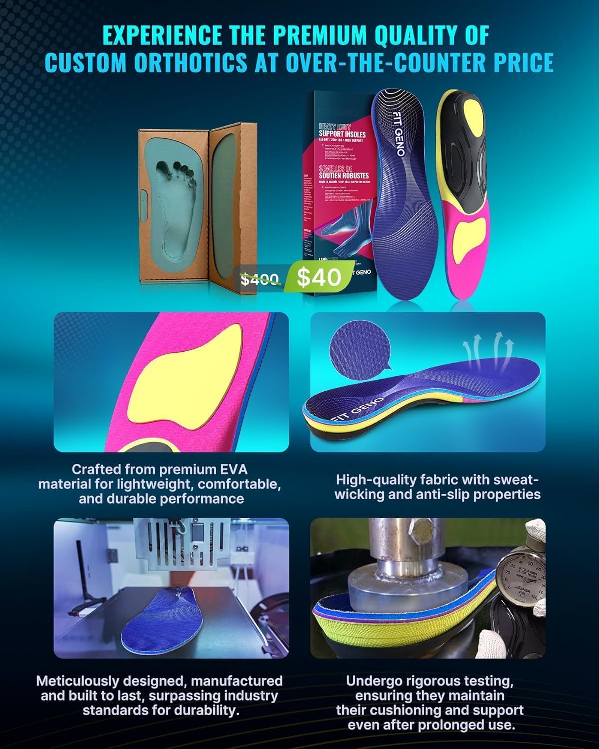 Poron heel pad on Fit Geno insoles absorbs shock for comfort