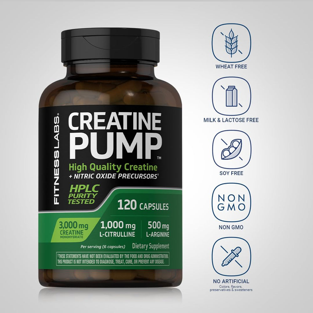 Fitness Labs Creatine Capsules beside nitric oxide precursor label highlights stack potential.