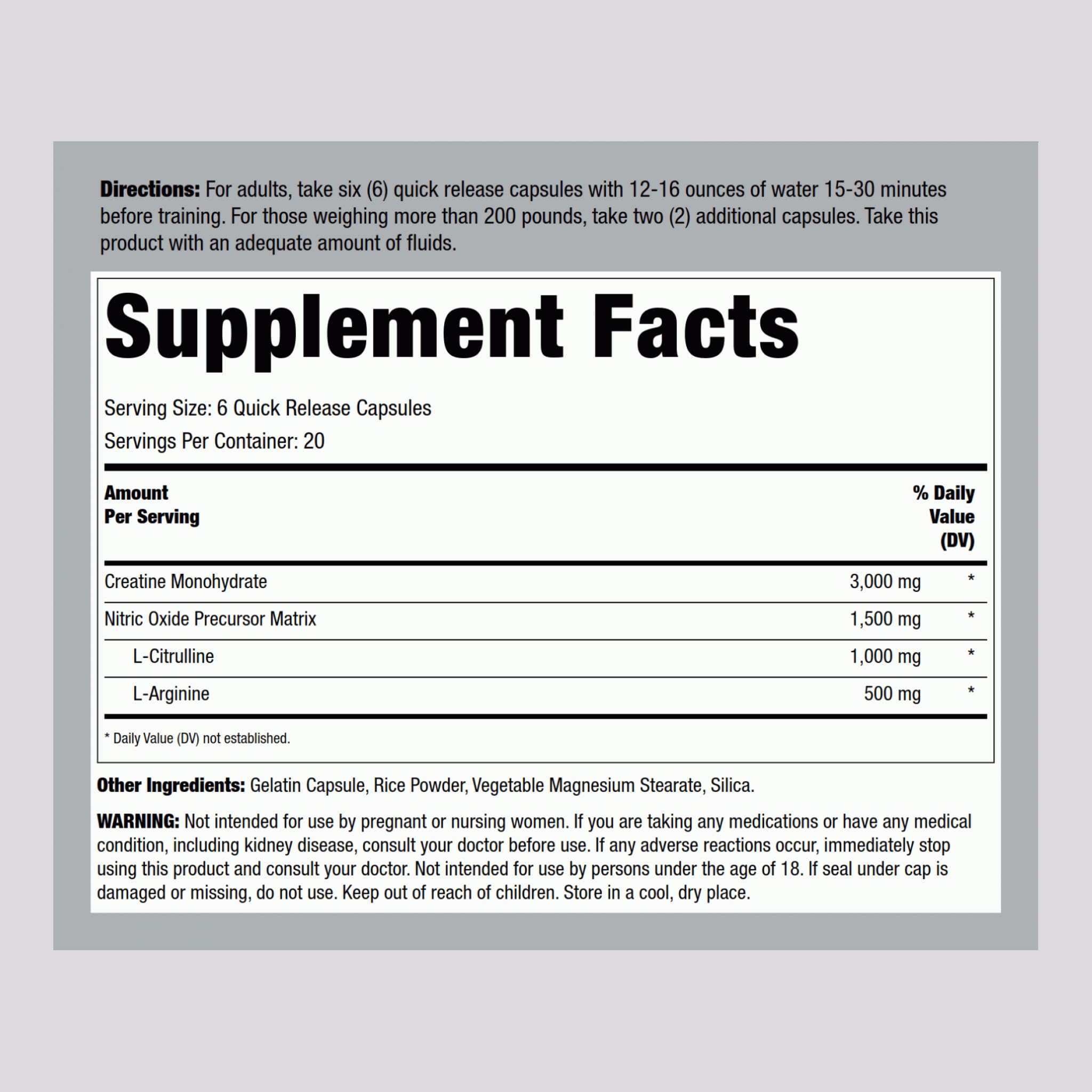 Fitness Labs Creatine Capsules serving size close-up showing 3000mg per dose.
