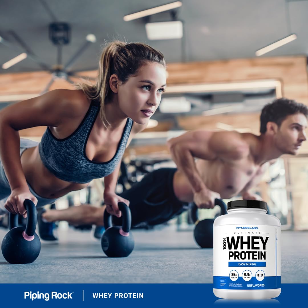 Fitness Labs Whey Unflavored powder with measuring scoop for on-the-go shakes