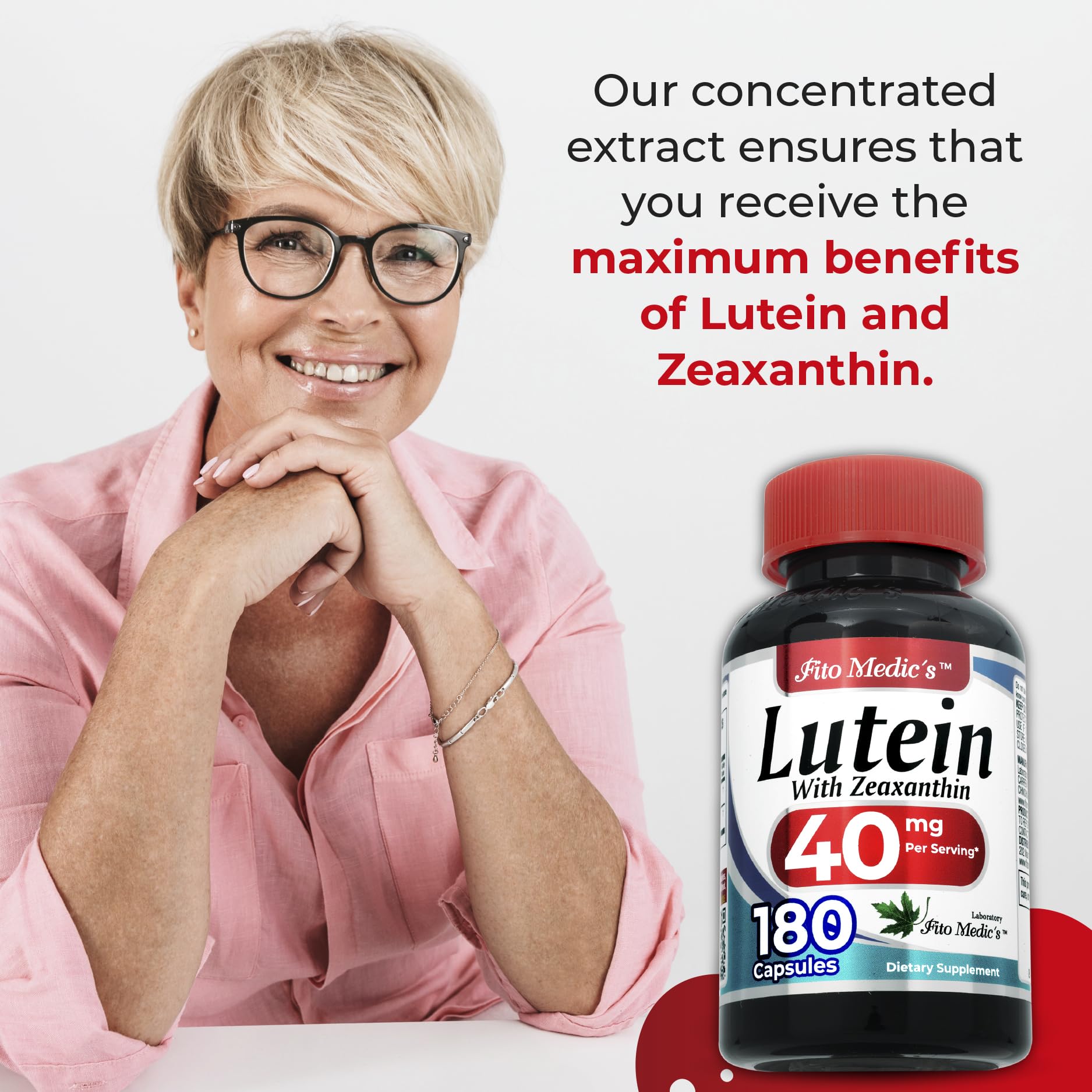 FITO MEDIC'S lutein 40mg capsules closeup showing dosage.