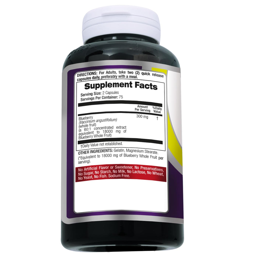 Front packaging showcasing high potency and concentrated blueberry extract