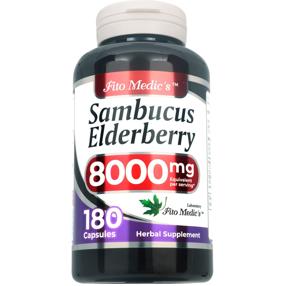 FITO MEDIC'S Elderberry bottle label displays 8000 mg per daily dose and extract potency.