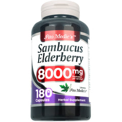 FITO MEDIC'S Elderberry bottle label displays 8000 mg per daily dose and extract potency.